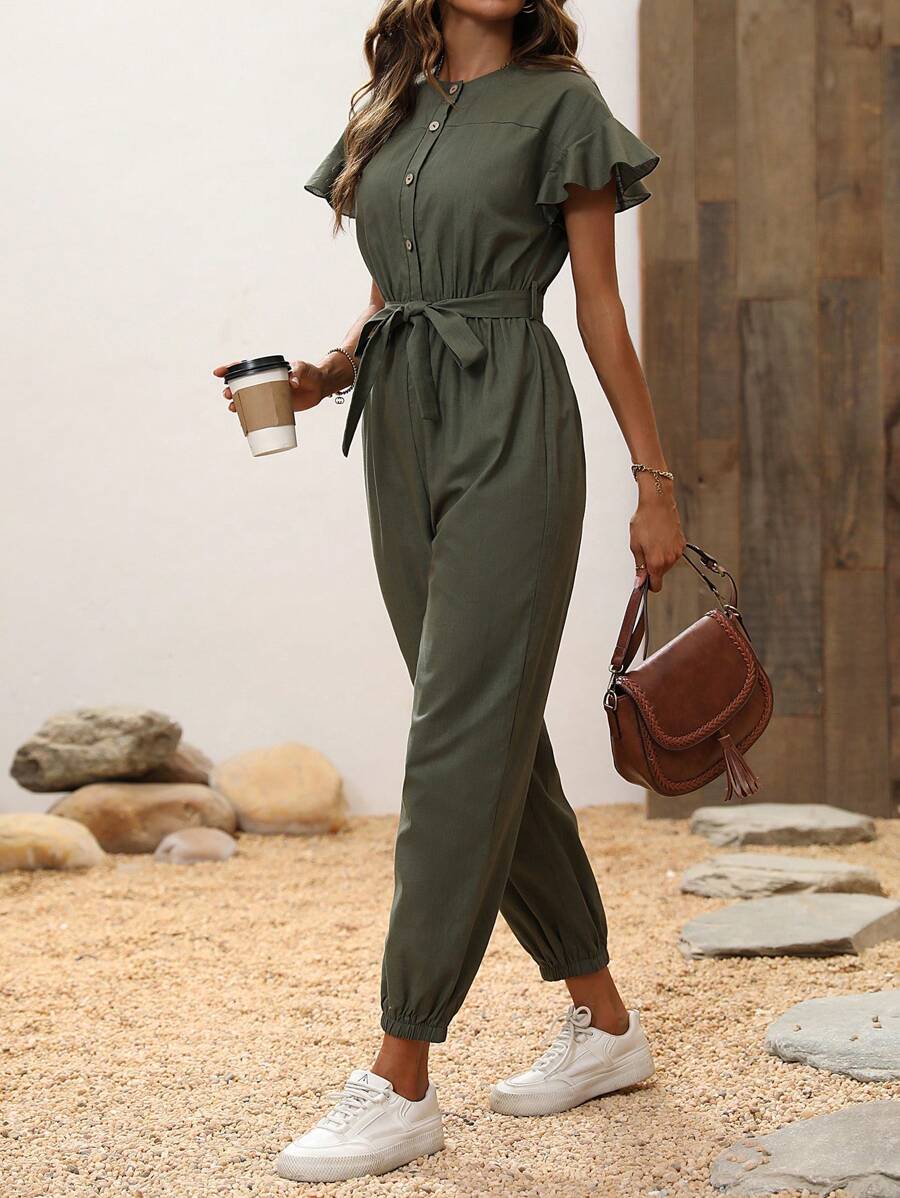 SHEIN PETITE Mono estilo vacaciones primavera/verano para mujer con mangas cortas, mitad botón en puños y piernas rectas