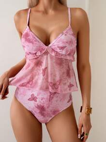 Swim Vcay 2pcs Women Beach Vacation Butterfly Print Ruffle Hem V-Neck Cami Bikini Set For Summer - Pink - View 1