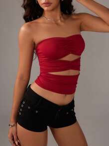 TRNVIE 女士性感纯色镂空抹胸，夏季 - 酒紅色 - 查看 5