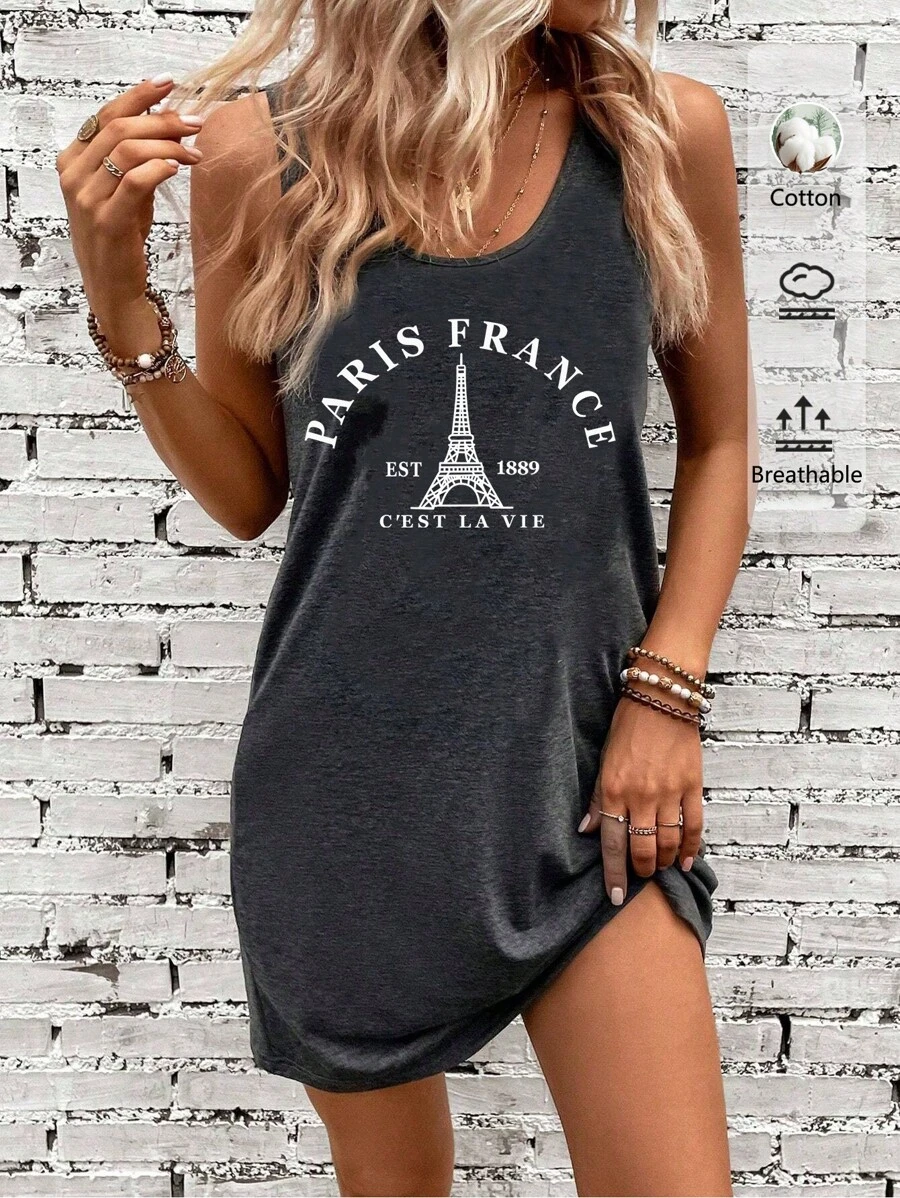 EMERY ROSE Simple Casual Paris Eiffel Tower Pattern Tank Top Dress, Cotton, Suitable For Summer, Retro,Dresses For Women Summer Suitable For Going Out - Dark Grey - View 1