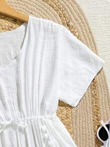 SHEIN Tween Girls' Solid Color Pompom Decorated Swimsuit Cover-Up Beachwear Teen Cover Up Bathing Suit Cover Up Girls Beach Coverup Girls Summer Clothes Shirts Girls Beach Cover Up Summer Holiday