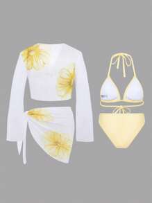 Swim Oasis 新款熱帶花卉圖案拼接印花女款4件式泳衣套裝，適合夏季海灘度假 - 彩色 - 查看 2
