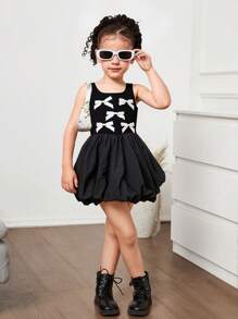 Young Girl Solid Color Crew Neck Knit Patchwork Ruffle Hem Snug Fit Dress - Black - View 2