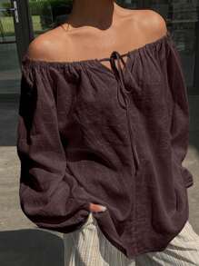 Livesso New Summer Loose Casual Beach Vacation Style Women Shirt Linen,Fall Clothes Long Sleeve Top Off Shoulder Top - Coffee Brown - View 3