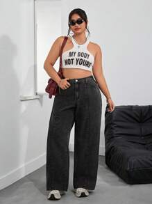 SHEIN PETITE CURVE Plus Size Casual Washed High Waist Wide-Leg Jeans - Black - View 3