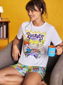 Nick 90s X SHEIN Conjunto de pijama de verano para mujer con top de manga corta y shorts con diseño de patrones de dibujos animados lindos