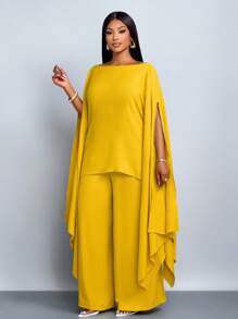 SOLERSUN 大码女装春夏时尚纯色优雅单肩时尚精致短袖不对称下摆斗篷衬衫上衣直筒宽松阔腿裤套装，两件套西装，休闲宽松度假套装女秋装