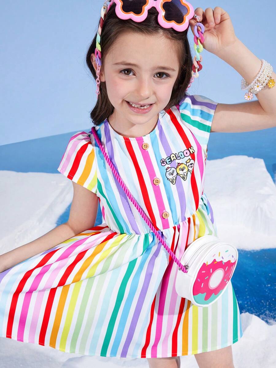 SEALOOK X SHEIN Vestido de manga curta para meninas com estampa de foca e sorvete, estampa colorida de dopamina e férias de verão - Multicolorido - Ver 1