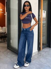 SHEIN Cottnline Quần Jeans Ống Rộng Cạp Thấp 100% Cotton Có Chi Tiết Giặt - Rửa nhẹ - Xem 3