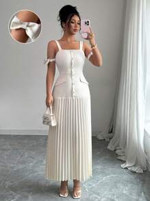 Elenzga 优雅细肩带露肩褶皱设计女式连衣裙 - 杏色 - 查看 3