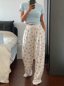 DAZY 2 件女士蓝莓樱桃印花宽松裤和纯色短袖上衣睡衣套装 - 藍色 - 查看 4