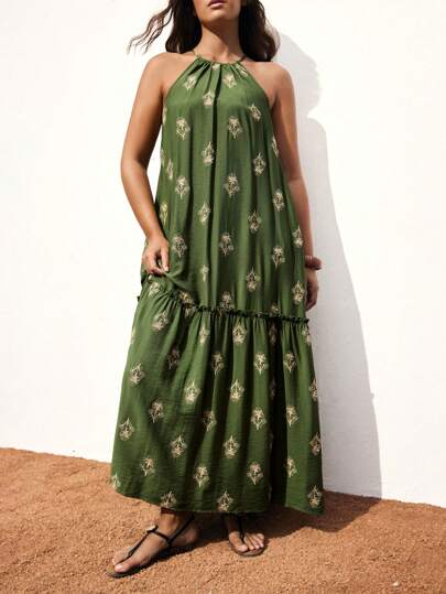 Maija 大码女式花卉刺绣荷叶边下摆露背度假连衣裙