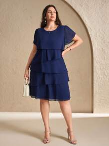 Chikora Plus Size Elegant And Romantic Multi-Layered Ruffled Chiffon Dress,Dark Blue,Mother Of The Bride Dresses, Summer , Fashionable For Summer