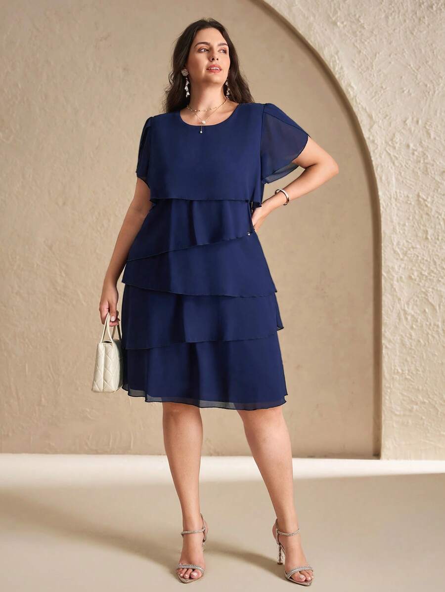 Chikora Plus Size Elegant And Romantic Multi-Layered Ruffled Chiffon Dress,Dark Blue,Mother Of The Bride Dresses, Summer , Fashionable For Summer