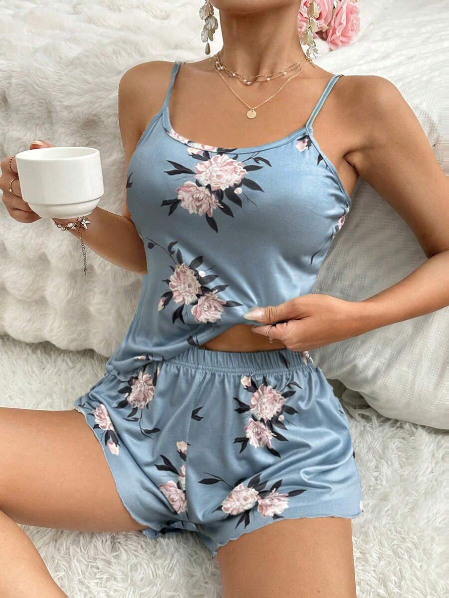 2pcs/Set Women Floral Print Camisole And Shorts Pajama Set - Multicolor - View 1