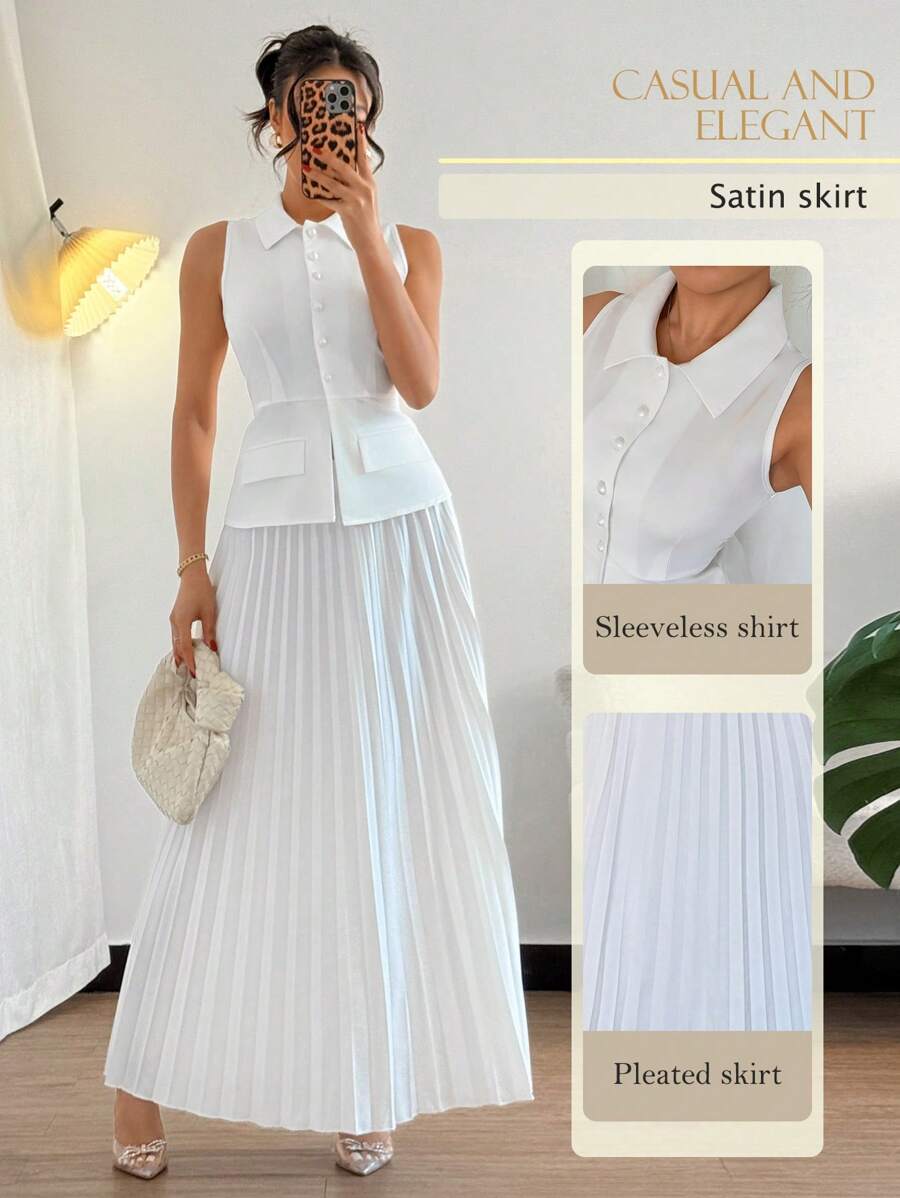 Chiquease 2pcs/Set Women's Spring Elegant Sleeveless Pleated Dress - White - View 1