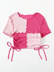 SHEIN EZwear Plus Size Women Sweet Contrast Color Ruffle Tie Neck Pleated T-Shirt - Hot Pink - View 3