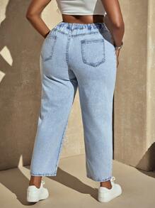 Quần jean denim ống côn giặt thường ngày cạp bất đối xứng cỡ lớn - Màu xanh lam - Xem 3