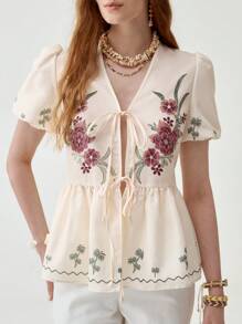 Florisole Women Boho V-Neck Puff Sleeve Tie-Waist Outerwear Shirt, Vacation/Resort Wear, Spring/Summer - Apricot - View 5