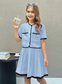 SHEIN Nova Glow Tween Girls Woven Colorblock Short Sleeve Shirt And Pleated Skirt Elegant 2-Piece Set - Baby Blue - View 4