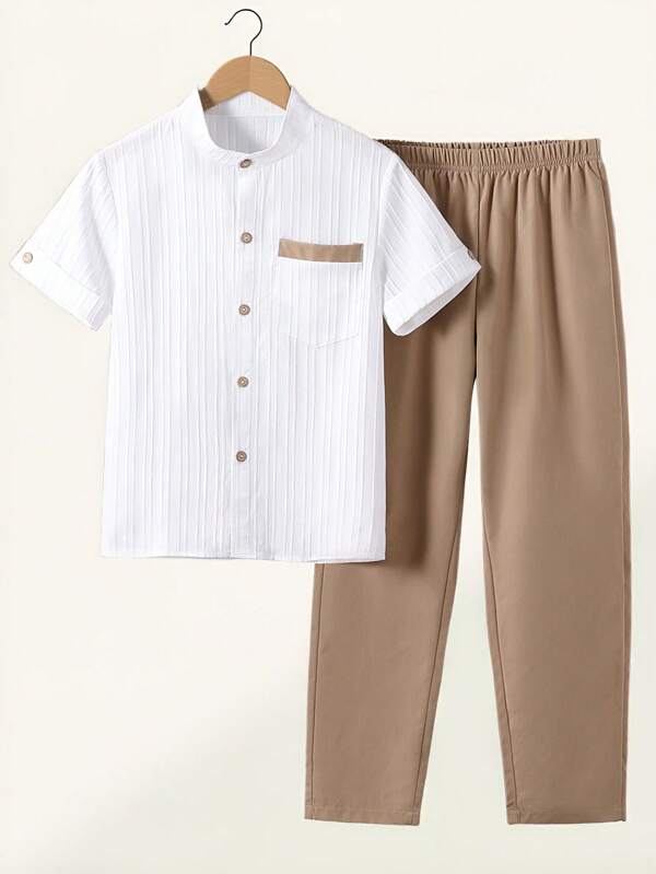 SHEIN 2 buc/Set Tween Băiat Casual Stil Collegiate Cămașă Albă și Pantaloni Simplu