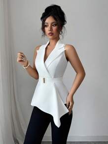 Elenzga Women's Fashionable Asymmetric Hem Sleeveless Thin Suit Jacket, Summer - White - View 6