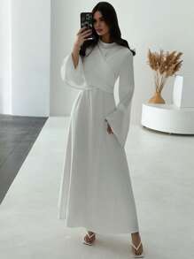 Firerie Women's White,Autumn,Elegant,Dining Pleated Long Sleeve A-Line Midi Dress,Slim Waist Design,Office Commute Fairy Modest Maxi Dress - Apricot - View 6
