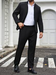 Manfinity Mode 大码男士纯色单排扣长袖夹克和裤子西装套装 - 黑色 - 查看 3