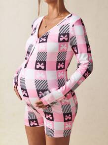 SHEIN Pregnant Women's V-Neck Bow Print Long Sleeve One-Piece Jumpsuit With Buttons - Multicolor - View 3
