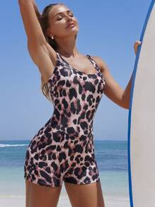 Swim SPRTY 女士豹纹与随机印花连体运动泳装短裤 - 彩色 - 查看 7