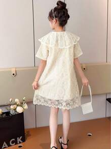 Summer Girls Peter Pan Collar Floral Embroidery Dress - Apricot - View 5