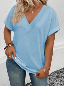 SHEIN EMERY ROSE CURVE Camiseta versátil de manga corta con cuello en V y dobladillo curvo, de talla grande, para todo uso, para mujer - Celeste - Ver 3