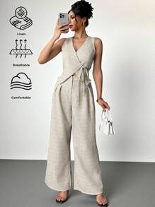 SHEIN Clasi 2 buc/Set Vestă de damă, de in, de culoare solidă, cu talie înaltă, cu pantaloni largi, plisați, ținută de birou, elegantă, minimalistă, vară