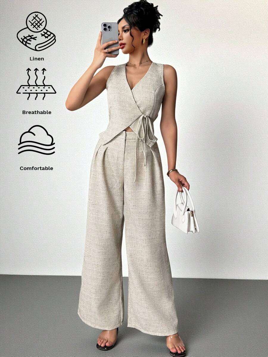 SHEIN Clasi 2 buc/Set Vestă de damă, de in, de culoare solidă, cu talie înaltă, cu pantaloni largi, plisați, ținută de birou, elegantă, minimalistă, vară