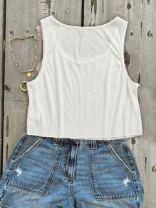 SHEIN EZwear Women Casual Street Retro Style Digit 1997 Print Loose U-Neck Crop Tank Top Back To School - White - View 7