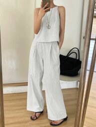 DAZY Set de 2 piezas Mujer Conjunto casual de top sin mangas a rayas y pantalones largos de verano