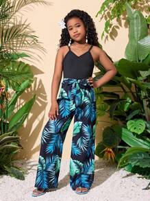 SHEIN 2pcs/Set Tween Girls' Holiday Cami Top And Flared Pants Set, Suitable For Vacation - Blue - View 3