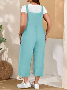 EMERY ROSE 春季大码女式红色工装裤，可调节肩带，纽扣开合，裤腿开叉处有口袋 - 薄荷藍 - 查看 2