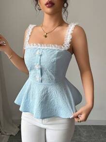 Elenzga Camiseta sin hombros con volantes y decoración floral para mujer