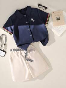 SHEIN Set di camicia a maniche corte con stampa e bordo a contrasto, e pantaloncini in vita elastica con cintura, per ragazzi più grandi