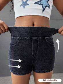 SHEIN Shorts de mezclilla elásticos y ajustados de estilo callejero y de moda Y2K, cómodos para niñas preadolescentes, para disfraces, uso diario, deportes, verano y primavera - Azul lavado oscuro - Ver 2