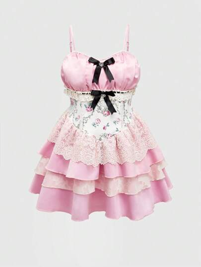 Fairycore Plus Size Floral Print Lace Patchwork Spaghetti Strap Elegant Dress