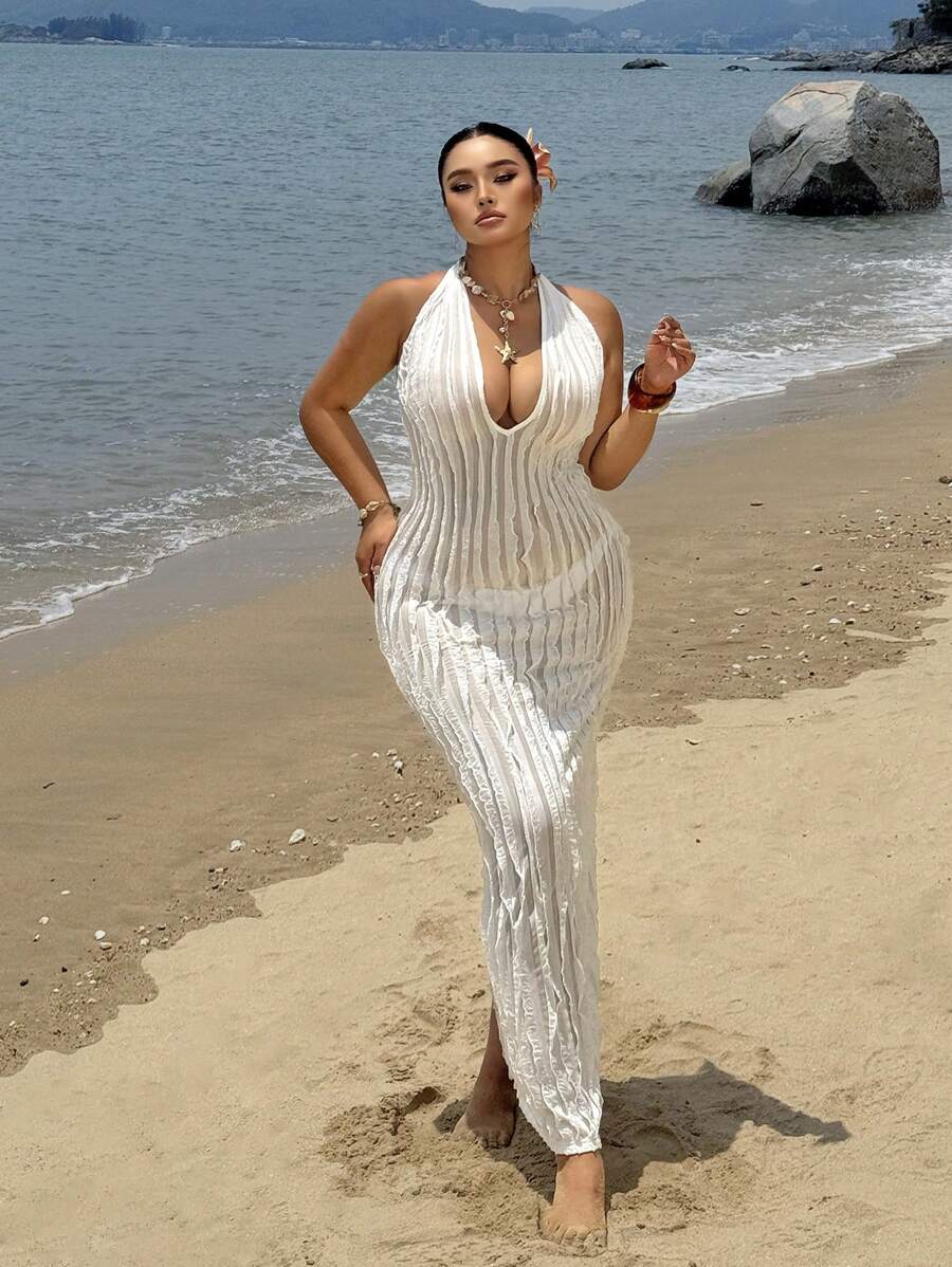 Flirla Plus Size Women's Tie Up V-Neck Fitted Long Dress, Sexy Summer Maxi Dress, Ibiza Outfit - White - View 1