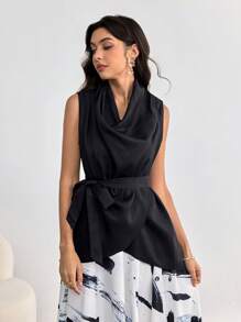 Modelyn 1 pieza Blusa asimétrica sin mangas para mujer, para primavera y verano - Negro - Ver 3