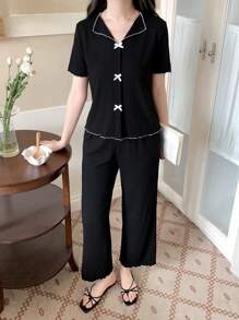 SHEIN Tween Girls 2pcs Set Casual Ribbon Bow Decor Short Sleeve Top And Ribbed Long Pants Pajama Set