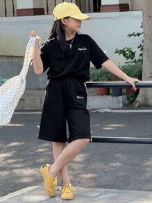 Dazy Kids 青少年女孩两件套撞色条纹蝴蝶结装饰上衣和短裤套装，适合返校季 - 黑色 - 查看 5