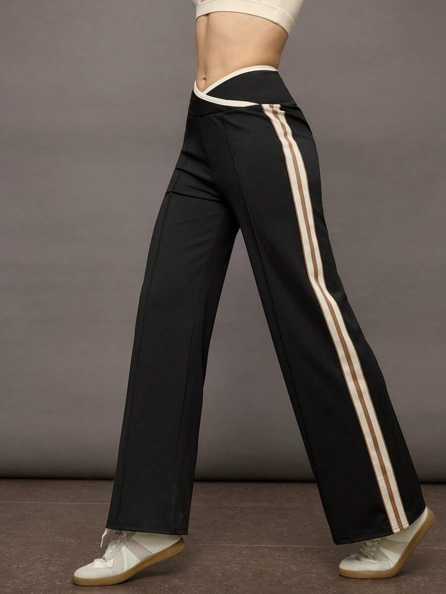 Activina 女式不对称腰部条纹运动裤 - 黑色 - 查看 1