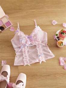 FairyFlirt Women's Cute Underframe, Pleated Ruffle, Petal Hem, Bow Decor Cami Top - Pink - View 9