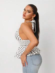 Sirith 2025 Summer New Women's Sexy Tie-Front Polka Dot Blouse With Shirred Back, Perfect For Beach Vacation, Casual Wear, And Parties - Apricot - View 3