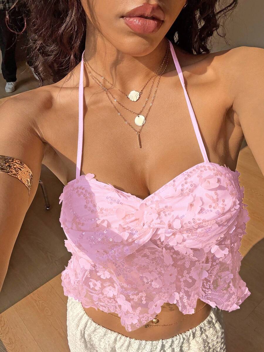 SHEIN SunnyBelle 女式无袖褶饰贴花夏季吊带上衣 - 玫紅色 - 查看 1